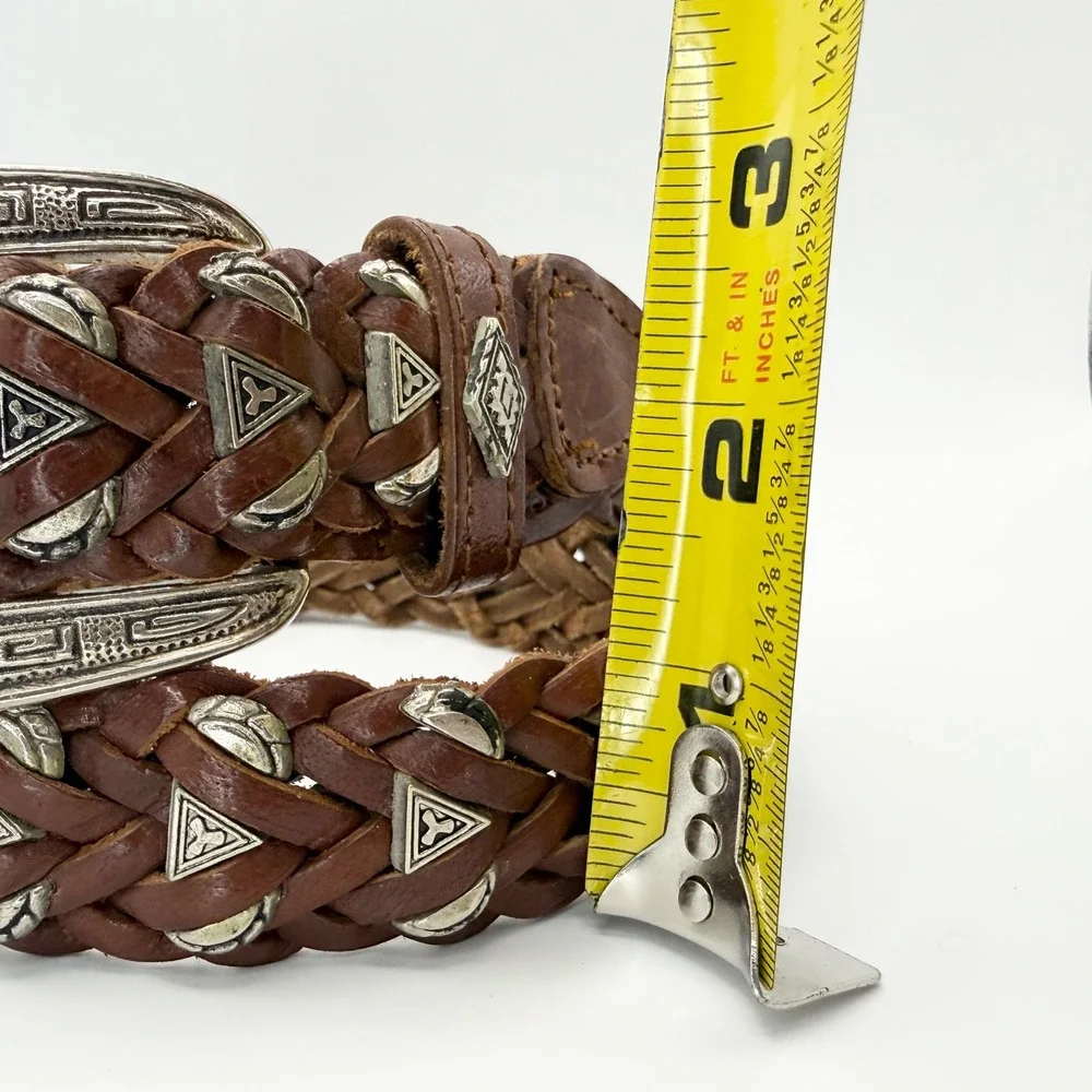 Vintage County Seat Brown Braided Leather Belt Silver Concho Charms Western 34in